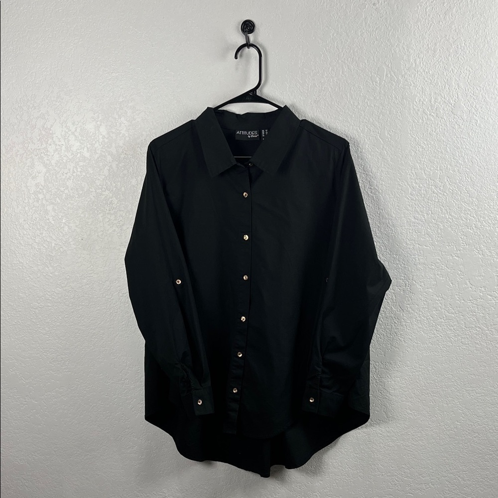 Attitudes‎ by Renee Black Button Down Shirt Gold Side accent button Sz M TC0829
